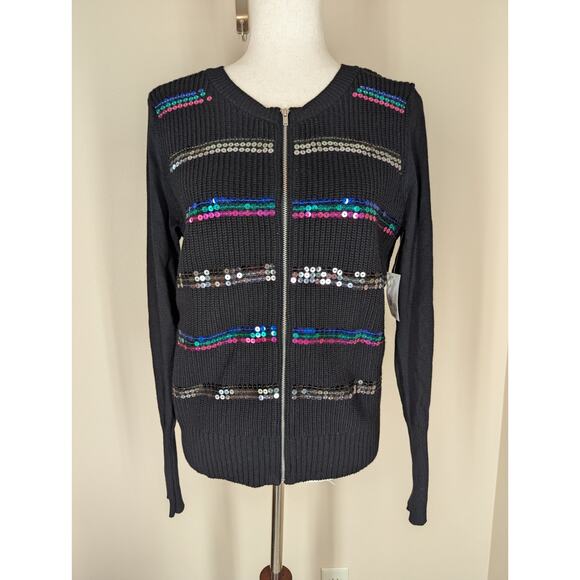 I Heart Ronson Sequin Zip Front Black Ribbed Cardigan Sweater Large New w/ Tags - Picture 1 of 11